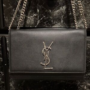 Yves Saint Laurent Black Leather Shoulder Bag with Silver Chain
